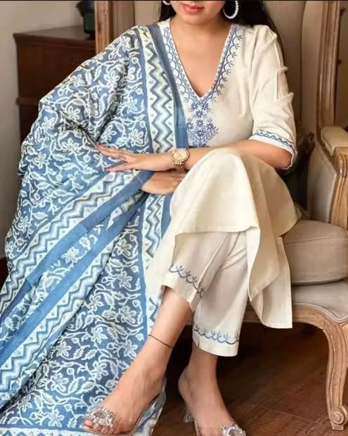Ethnic Embroidery Cotton Kurta Set