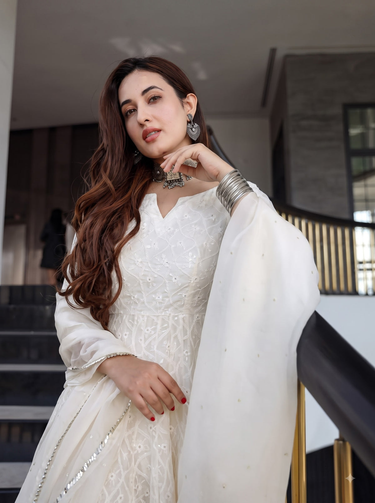 Premium White Anarkali Chikan Kurti with Dupatta