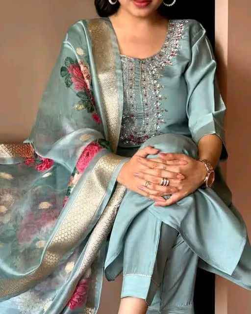 Fancy Blue Reyon Slub Embroidery Kurta Set