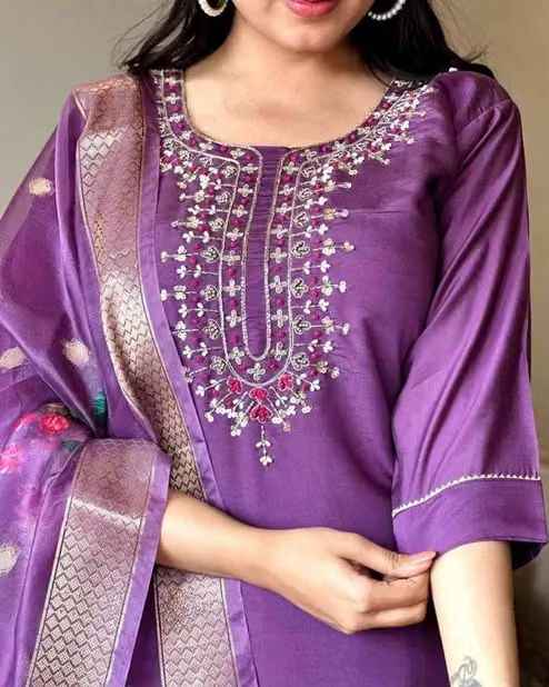 Fancy Purple Reyon Slub Embroidery Kurta Set