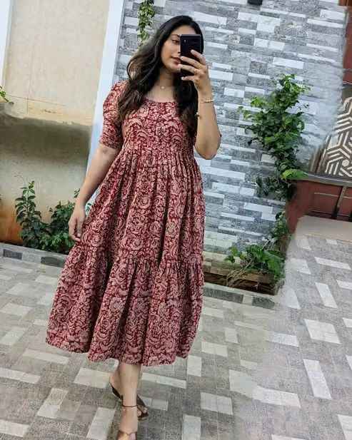 Maroon Floral Printed Cotton Gown