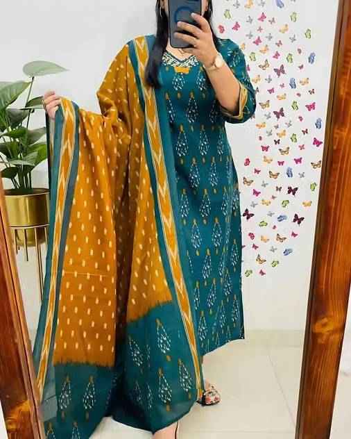 Teal Rayon Calf Length Kurta Set