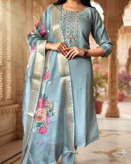 Fancy Blue Reyon Slub Embroidery Kurta Set