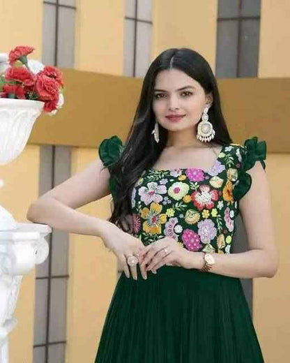 Green Floral Embroidered Anarkali Gown Long Gown - Ethniks