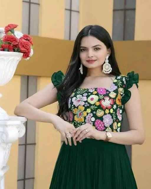 Green Floral Embroidered Anarkali Gown Long Gown - Ethniks