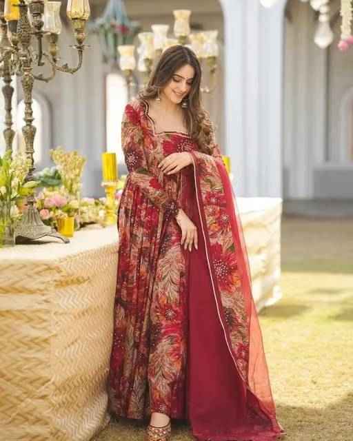 Maroon Gown with Dupatta - Ethniks