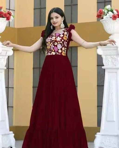 Maroon Floral Embroidered Anarkali Gown Long Gown - Ethniks