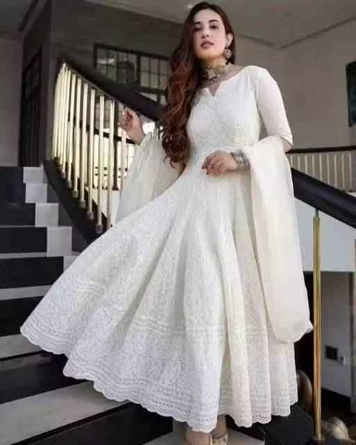 Premium White Anarkali Chikan Kurti with Dupatta - Ethniks