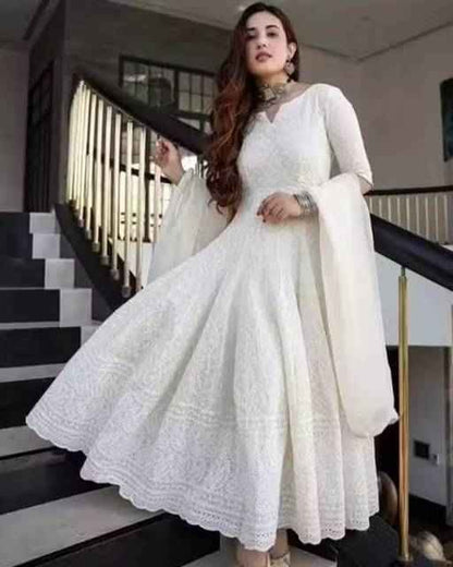 Premium White Anarkali Chikan Kurti with Dupatta - Ethniks