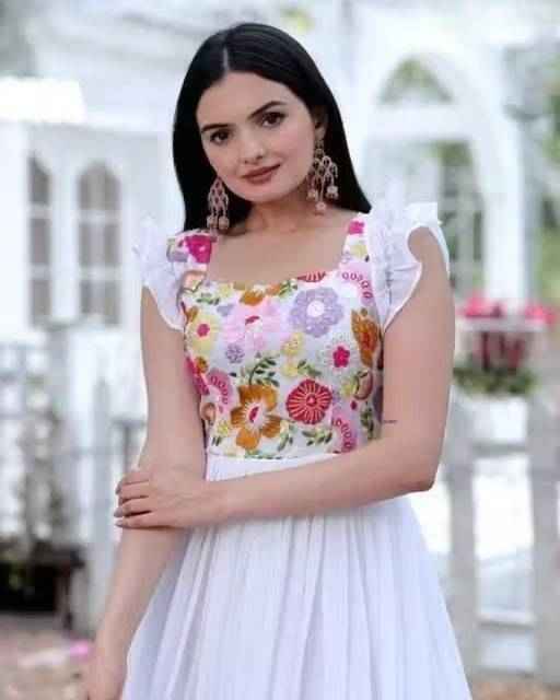 White Floral Embroidered Anarkali Gown Long Gown - Ethniks