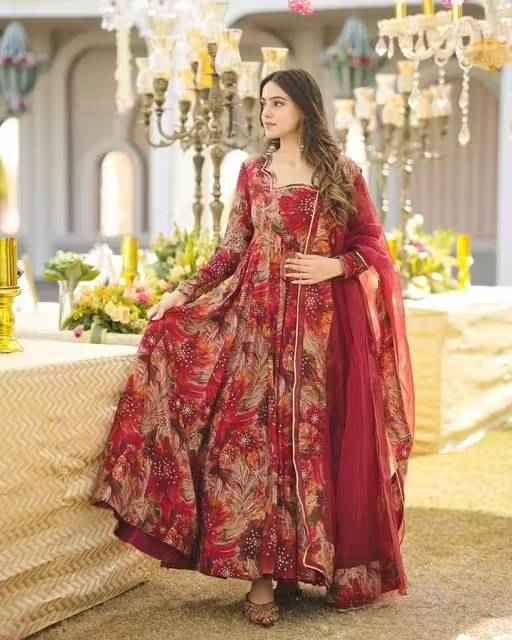 Luxury Maroon Choice Gown with Dupatta - Ethniks