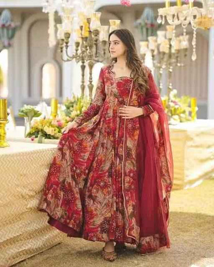 Luxury Maroon Choice Gown with Dupatta - Ethniks