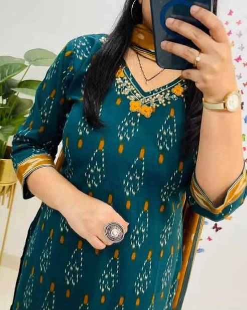 Teal Rayon Calf Length Kurta Set