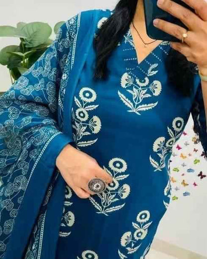 Blue Embroidered Cotton A-line Kurta Set