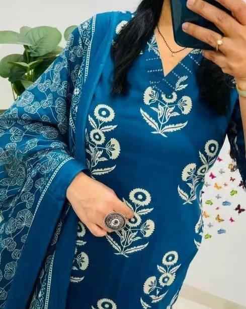 Blue Embroidered Cotton A-line Kurta Set