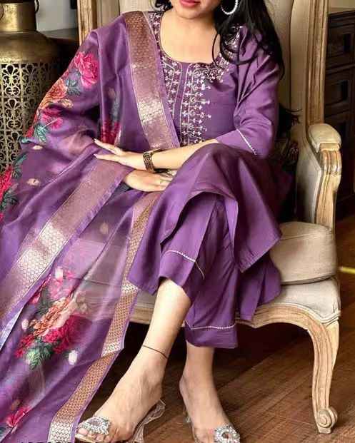 Fancy Purple Reyon Slub Embroidery Kurta Set