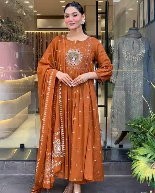 Embroidery and Printed A-Line Cotton Kurta Set