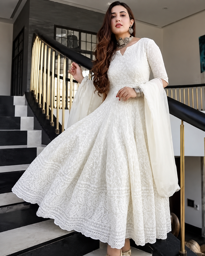 Premium White Anarkali Chikan Kurti with Dupatta