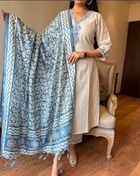 Ethnic Embroidery Cotton Kurta Set