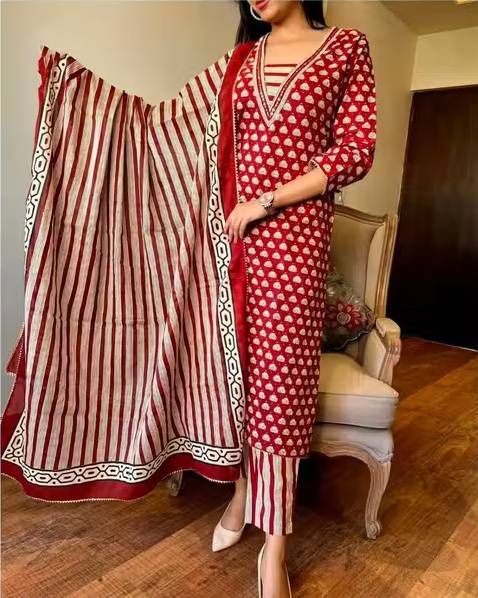 Floral Cotton Calf Length Kurta Set