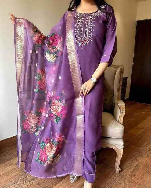 Fancy Purple Reyon Slub Embroidery Kurta Set