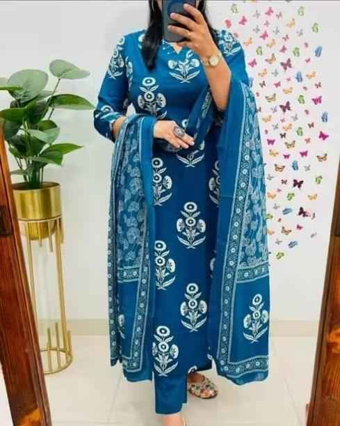 Blue Embroidered Cotton A-line Kurta Set