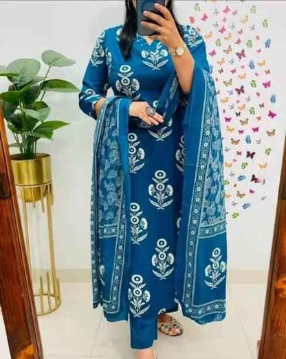 Blue Embroidered Cotton A-line Kurta Set