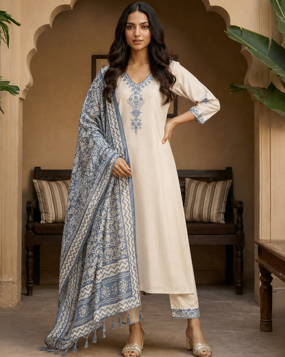 Ethnic Embroidery Cotton Kurta Set