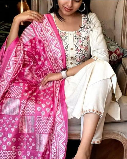Floral Embroidered Cotton Kurta Set