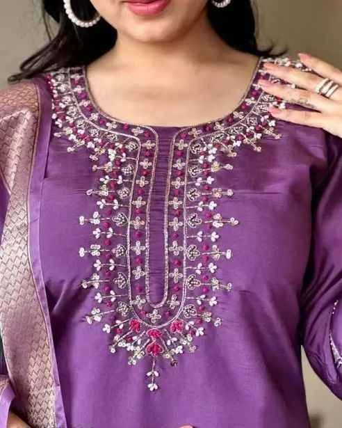 Fancy Purple Reyon Slub Embroidery Kurta Set