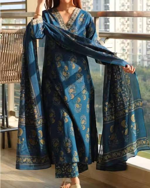 Ethnic Floral Cotton Kurta Set With Palazzo