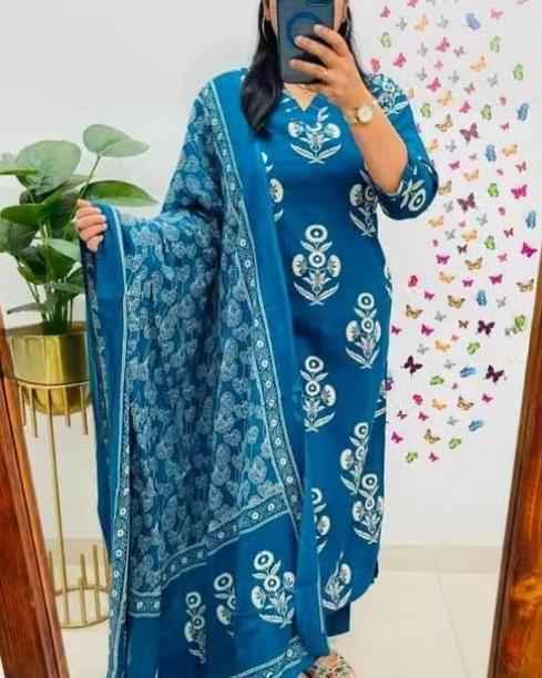 Blue Embroidered Cotton A-line Kurta Set