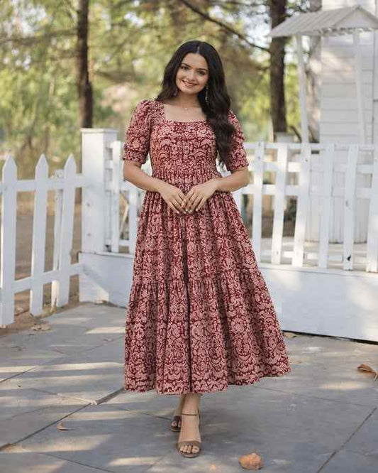 Maroon Floral Printed Cotton Gown