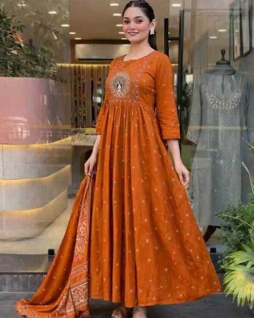 Embroidery and Printed A-Line Cotton Kurta Set