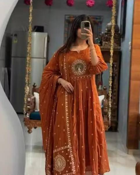 Embroidery and Printed A-Line Cotton Kurta Set